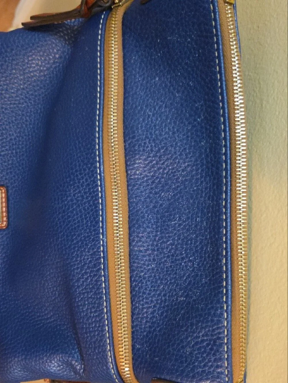 Dooney & Bourke Pebble Grain Blue Leather Crossbody with Tan Trim
